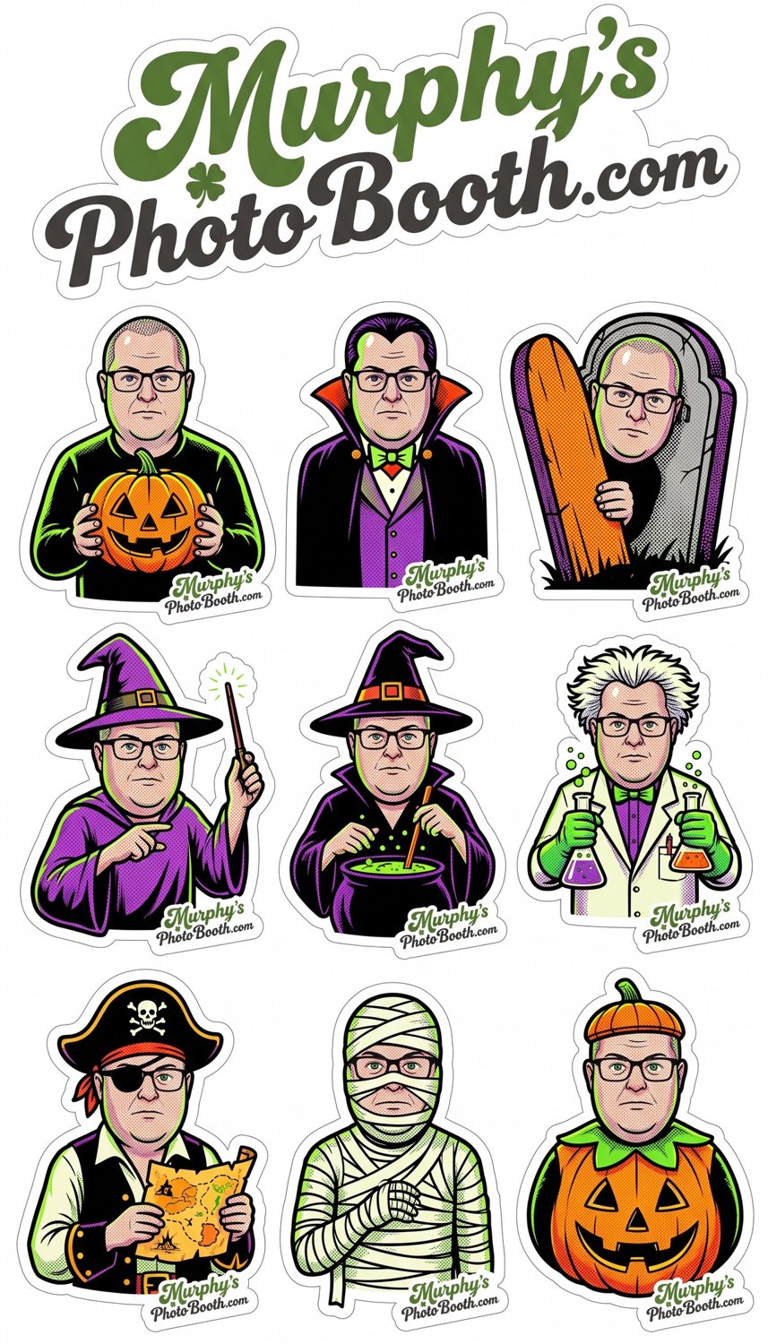 A 4 by 7 inch sticker sheet of nine Halloween costume stickers of one guest, each branded Murphy's PhotoBooth.com